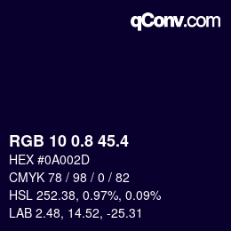 カラーコード: RGB 10 0.8 45.4 | qconv.com