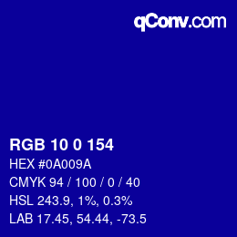 Color code: RGB 10 0 154 | qconv.com