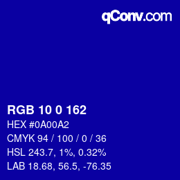 カラーコード: RGB 10 0 162 | qconv.com