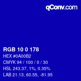 Color code: RGB 10 0 178 | qconv.com