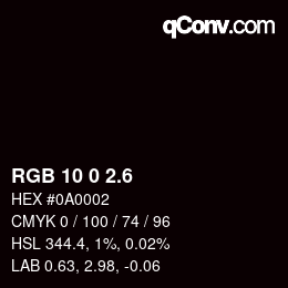 カラーコード: RGB 10 0 2.6 | qconv.com