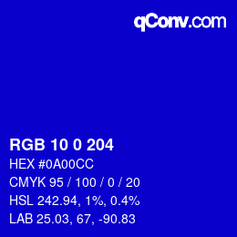 Color code: RGB 10 0 204 | qconv.com
