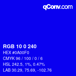 Color code: RGB 10 0 240 | qconv.com