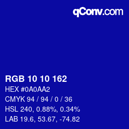 カラーコード: RGB 10 10 162 | qconv.com