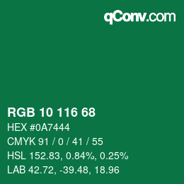 カラーコード: RGB 10 116 68 | qconv.com
