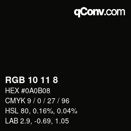 Color code: RGB 10 11 8 | qconv.com