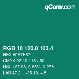 カラーコード: RGB 10 126.8 103.4 | qconv.com