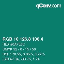 カラーコード: RGB 10 126.8 108.4 | qconv.com