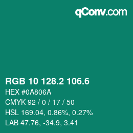 カラーコード: RGB 10 128.2 106.6 | qconv.com