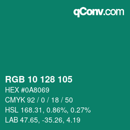 カラーコード: RGB 10 128 105 | qconv.com