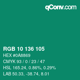 カラーコード: RGB 10 136 105 | qconv.com
