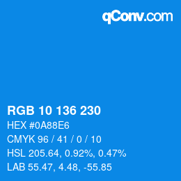 Color code: RGB 10 136 230 | qconv.com