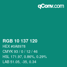 Color code: RGB 10 137 120 | qconv.com