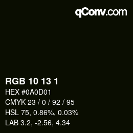 Color code: RGB 10 13 1 | qconv.com
