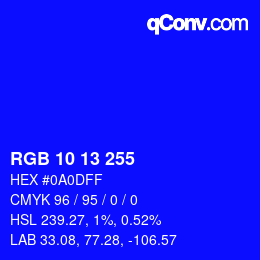 Color code: RGB 10 13 255 | qconv.com