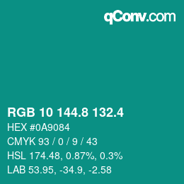 カラーコード: RGB 10 144.8 132.4 | qconv.com