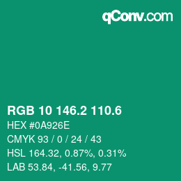 カラーコード: RGB 10 146.2 110.6 | qconv.com