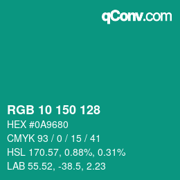 カラーコード: RGB 10 150 128 | qconv.com
