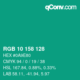 カラーコード: RGB 10 158 128 | qconv.com