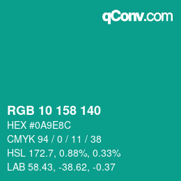 Color code: RGB 10 158 140 | qconv.com