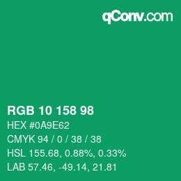 カラーコード: RGB 10 158 98 | qconv.com
