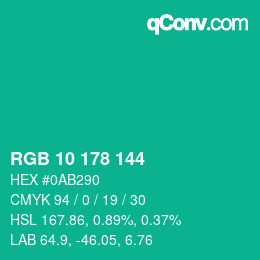カラーコード: RGB 10 178 144 | qconv.com