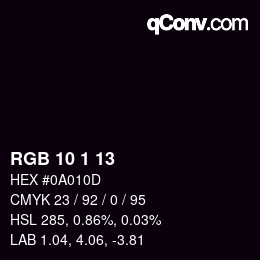 カラーコード: RGB 10 1 13 | qconv.com