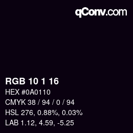 カラーコード: RGB 10 1 16 | qconv.com