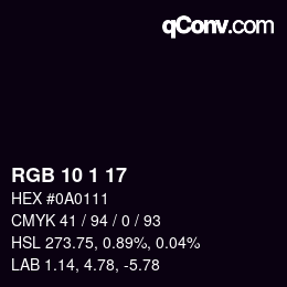 カラーコード: RGB 10 1 17 | qconv.com