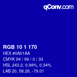 Color code: RGB 10 1 170 | qconv.com