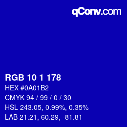 Color code: RGB 10 1 178 | qconv.com