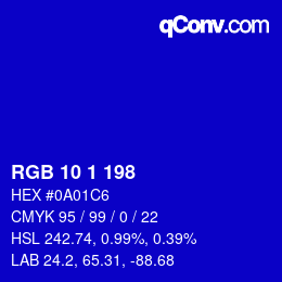 Color code: RGB 10 1 198 | qconv.com