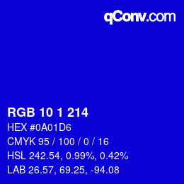 カラーコード: RGB 10 1 214 | qconv.com