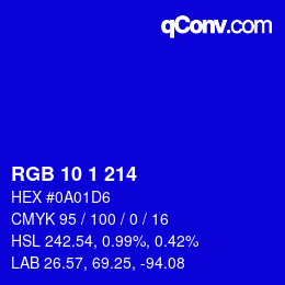 Color code: RGB 10 1 214 | qconv.com