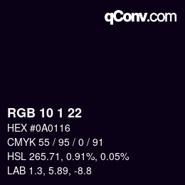 Farbcode: RGB 10 1 22 | qconv.com