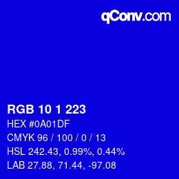 Color code: RGB 10 1 223 | qconv.com