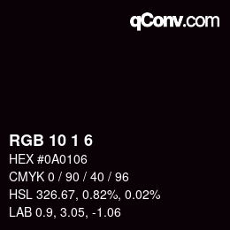 カラーコード: RGB 10 1 6 | qconv.com