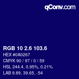 カラーコード: RGB 10 2.6 103.6 | qconv.com