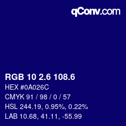カラーコード: RGB 10 2.6 108.6 | qconv.com