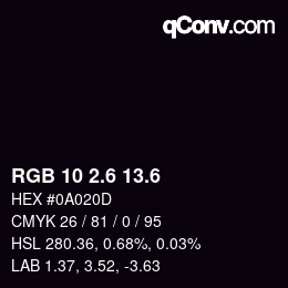 カラーコード: RGB 10 2.6 13.6 | qconv.com
