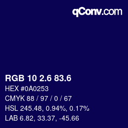 カラーコード: RGB 10 2.6 83.6 | qconv.com