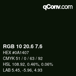 カラーコード: RGB 10 20.6 7.6 | qconv.com