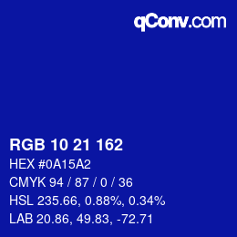 カラーコード: RGB 10 21 162 | qconv.com