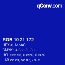 カラーコード: RGB 10 21 172 | qconv.com