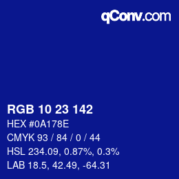 Color code: RGB 10 23 142 | qconv.com