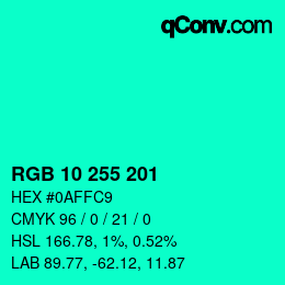 Color code: RGB 10 255 201 | qconv.com