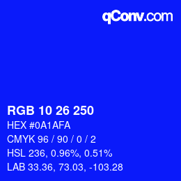 Color code: RGB 10 26 250 | qconv.com