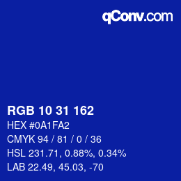 カラーコード: RGB 10 31 162 | qconv.com