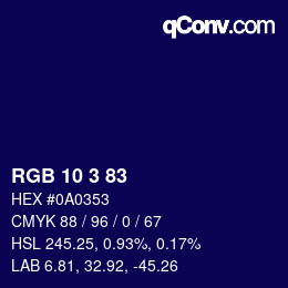カラーコード: RGB 10 3 83 | qconv.com