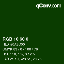 カラーコード: RGB 10 60 0 | qconv.com